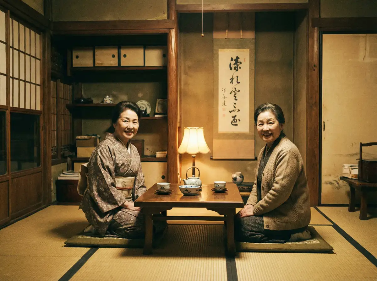 两位优雅的 51黑料在线观看 在日式茶室中品茶交谈